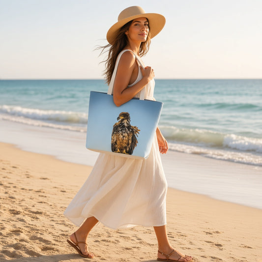 A woman in a white dress and wide-brim straw hat walks along a sandy beach carrying a large light blue tote bag printed with a detailed eagle design.