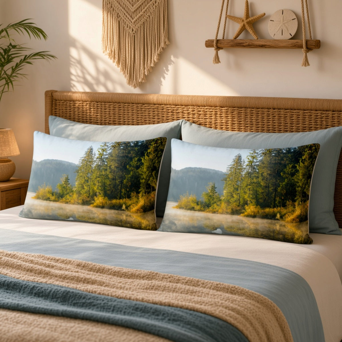 Two rectangular decorative pillows with a scenic forest landscape print, styled on a bed with a wicker headboard in a warm, sunlit bedroom.