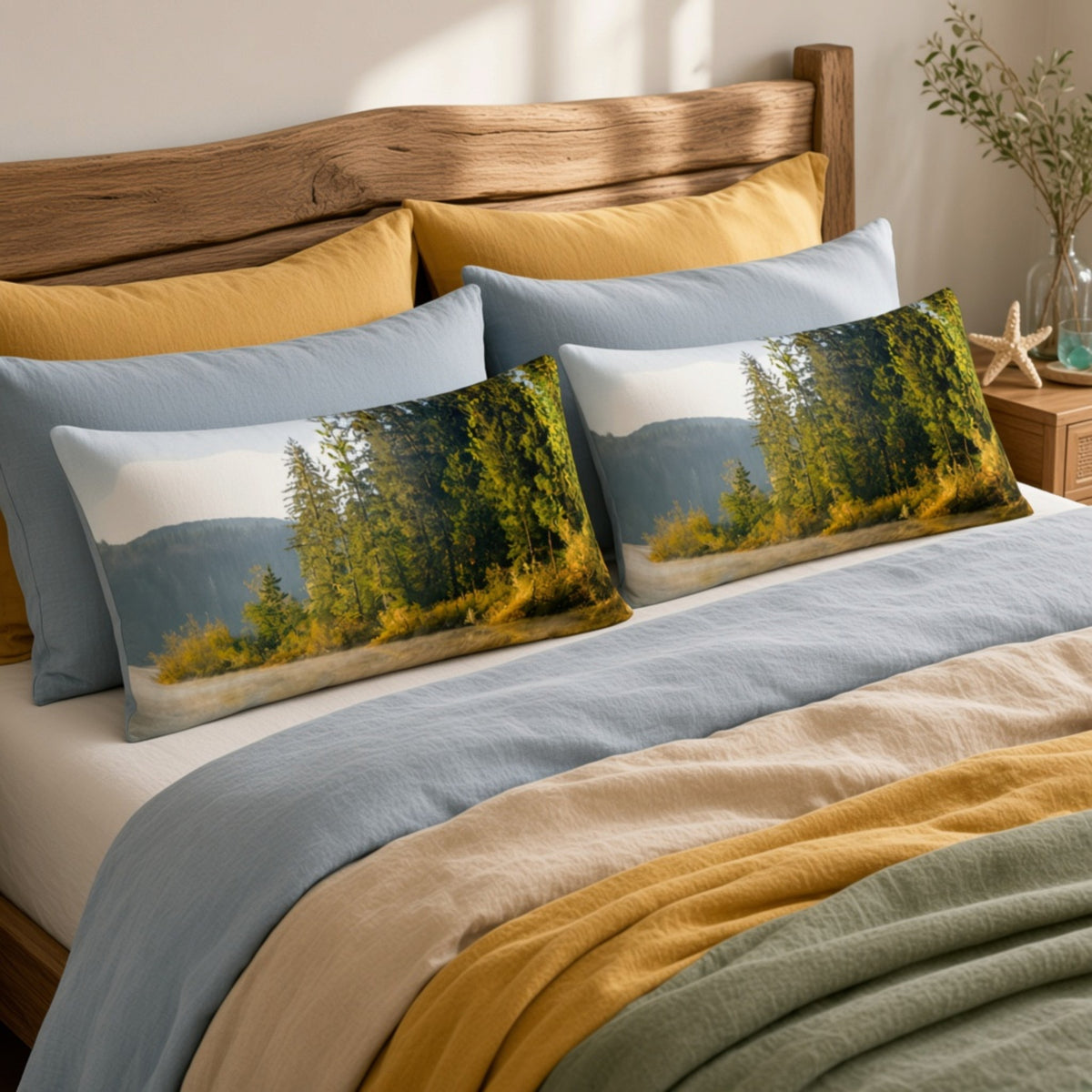 Image of a sunrise at Fairy Lake on a bed pillow sham in a bedroom.