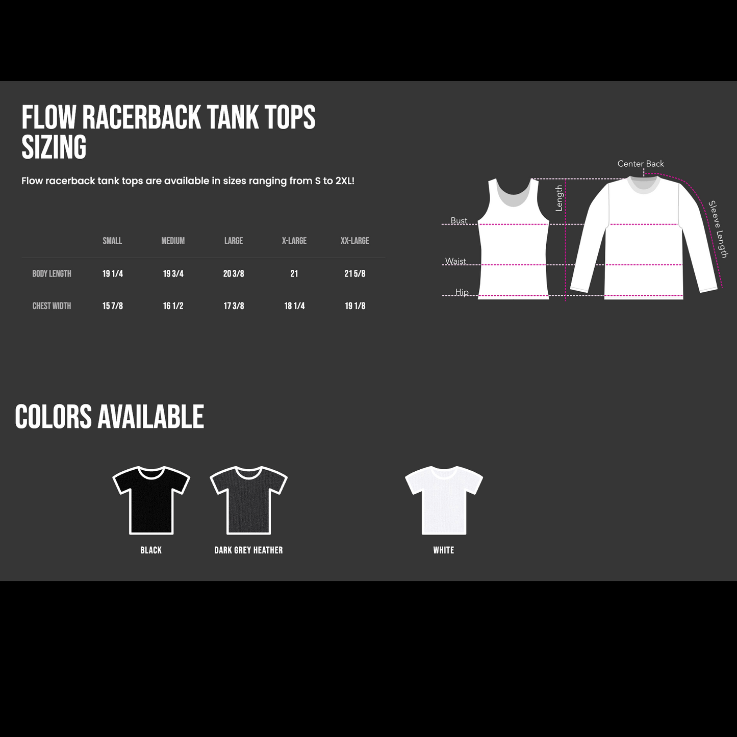 Flow racerback tank top size chart