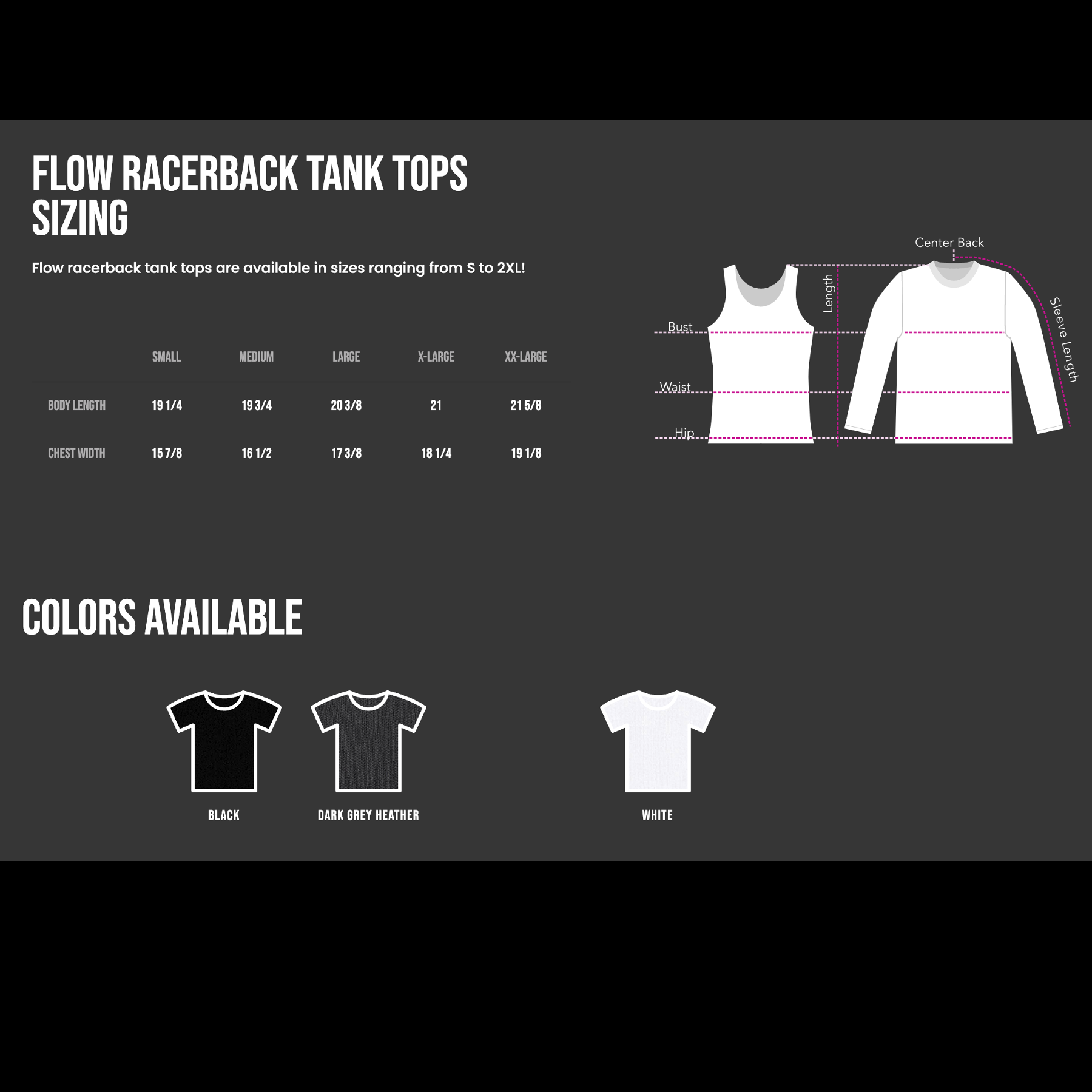 Flow racerback tank top size chart
