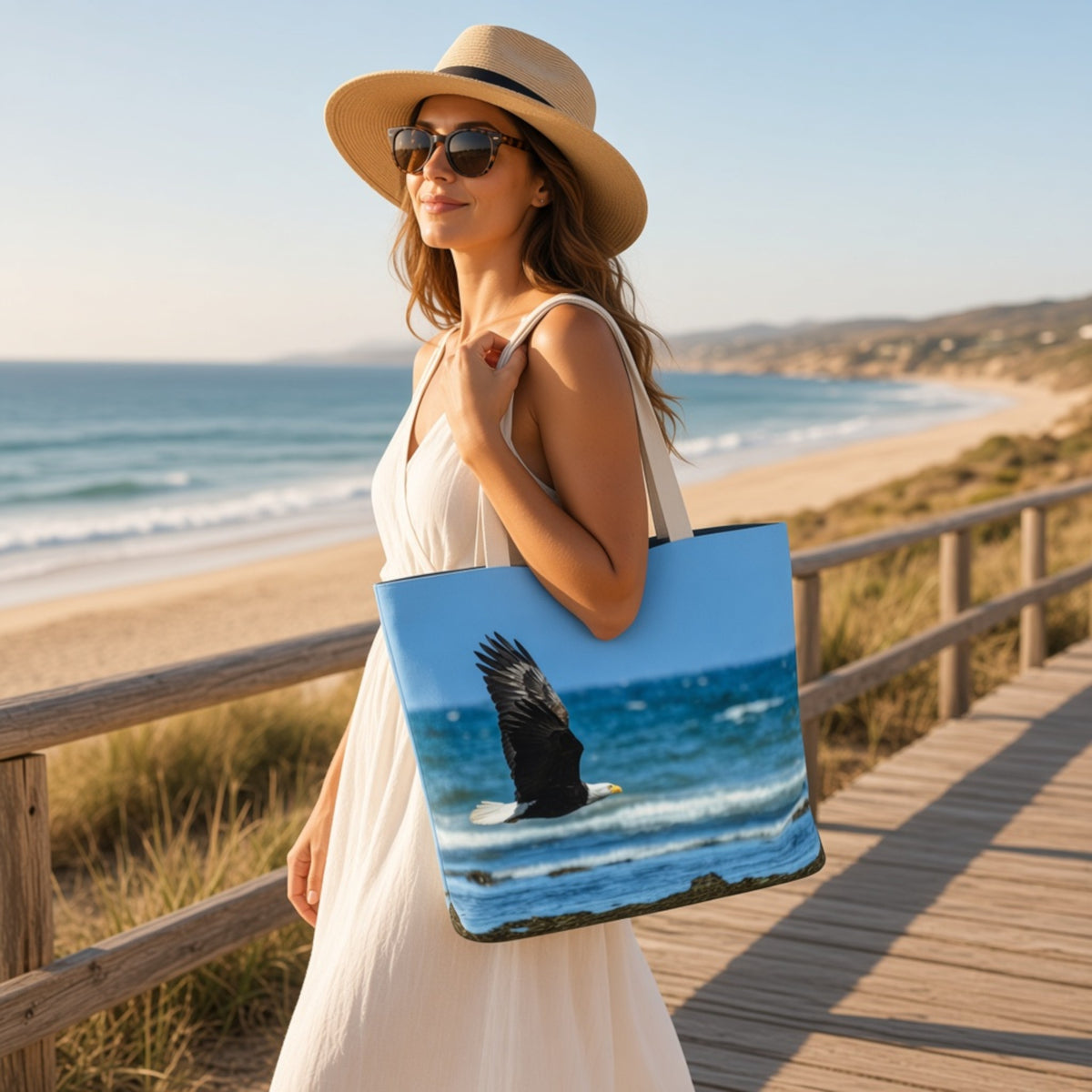 A woman in a white dress and straw hat stands on a wooden boardwalk by the beach, carrying a tote bag printed with a large eagle over blue ocean water.