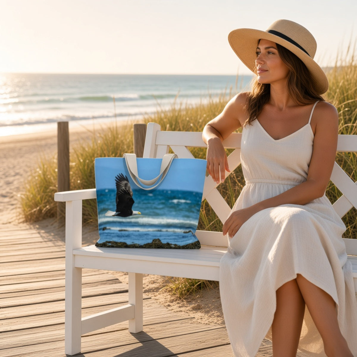 A woman in a white dress and straw hat sits on a white beach bench beside a tote bag printed with a blue ocean scene and a black bird. The background shows a sandy beach, ocean, and dune grass at sunset.