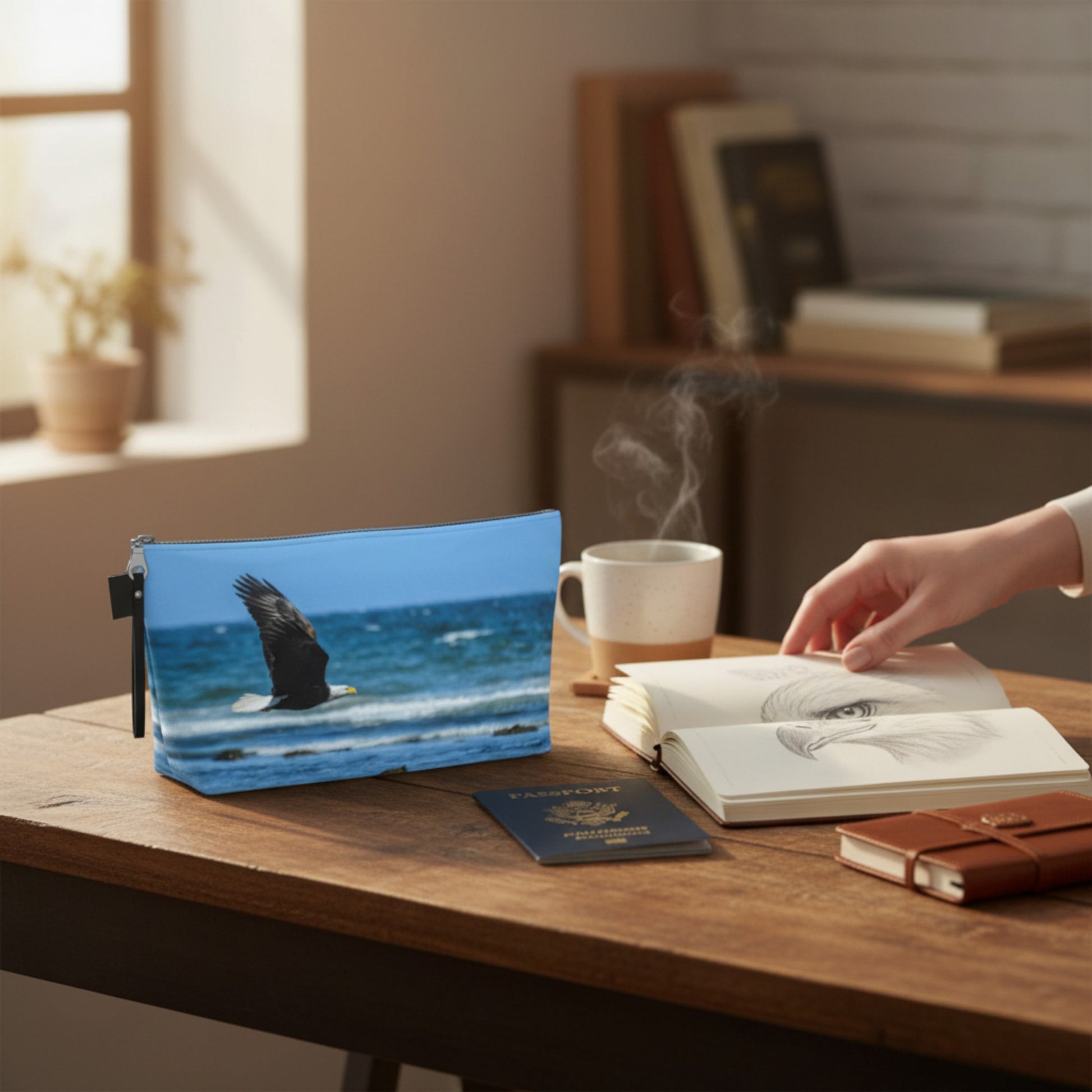 Pouch with whale design on a desk next to a book and coffee cup