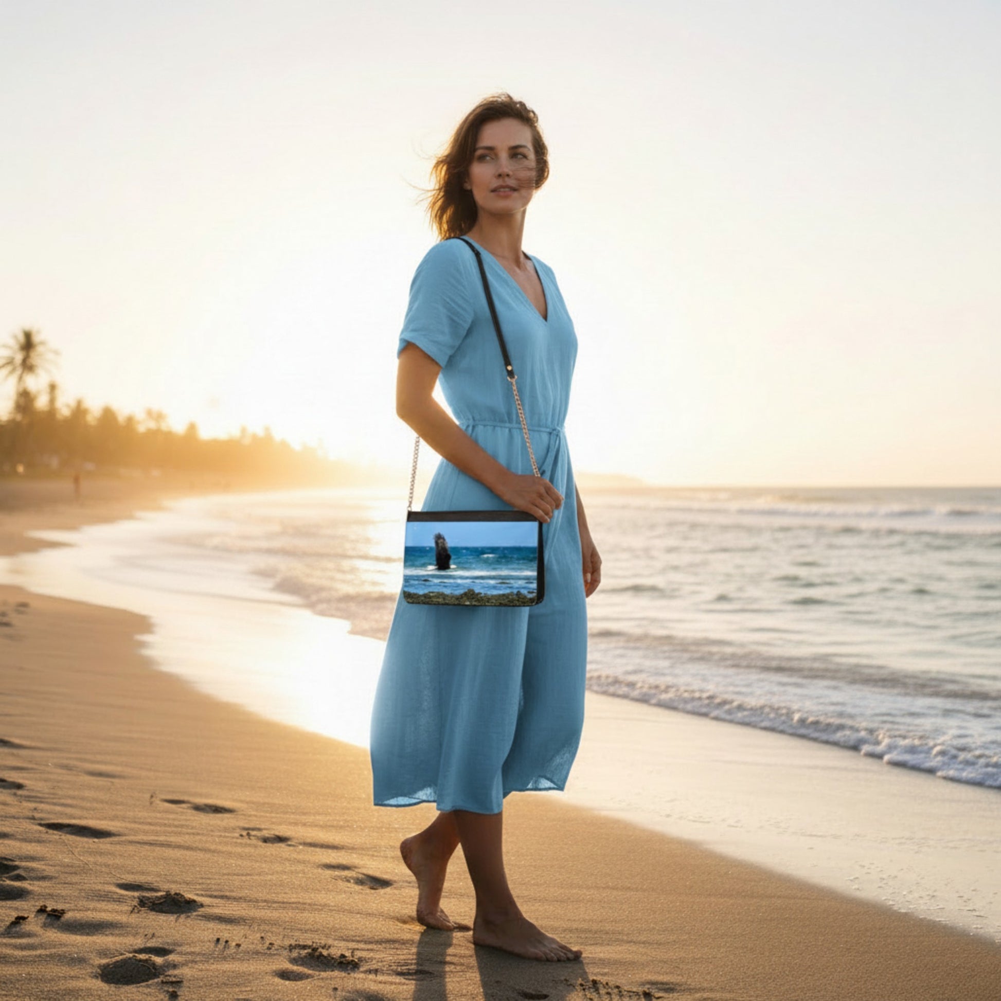 Woman in a blue dress standing on a beach with a sunset, holding a matching handbag.