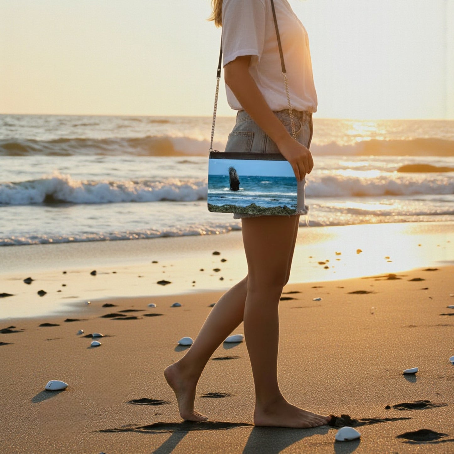 Person walking on a beach with a sunset in the background