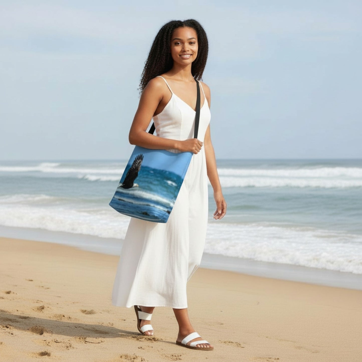 Woman holding a beach bag with ocean design on a sandy beach.