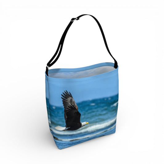 Tote bag with an eagle design on a blue background