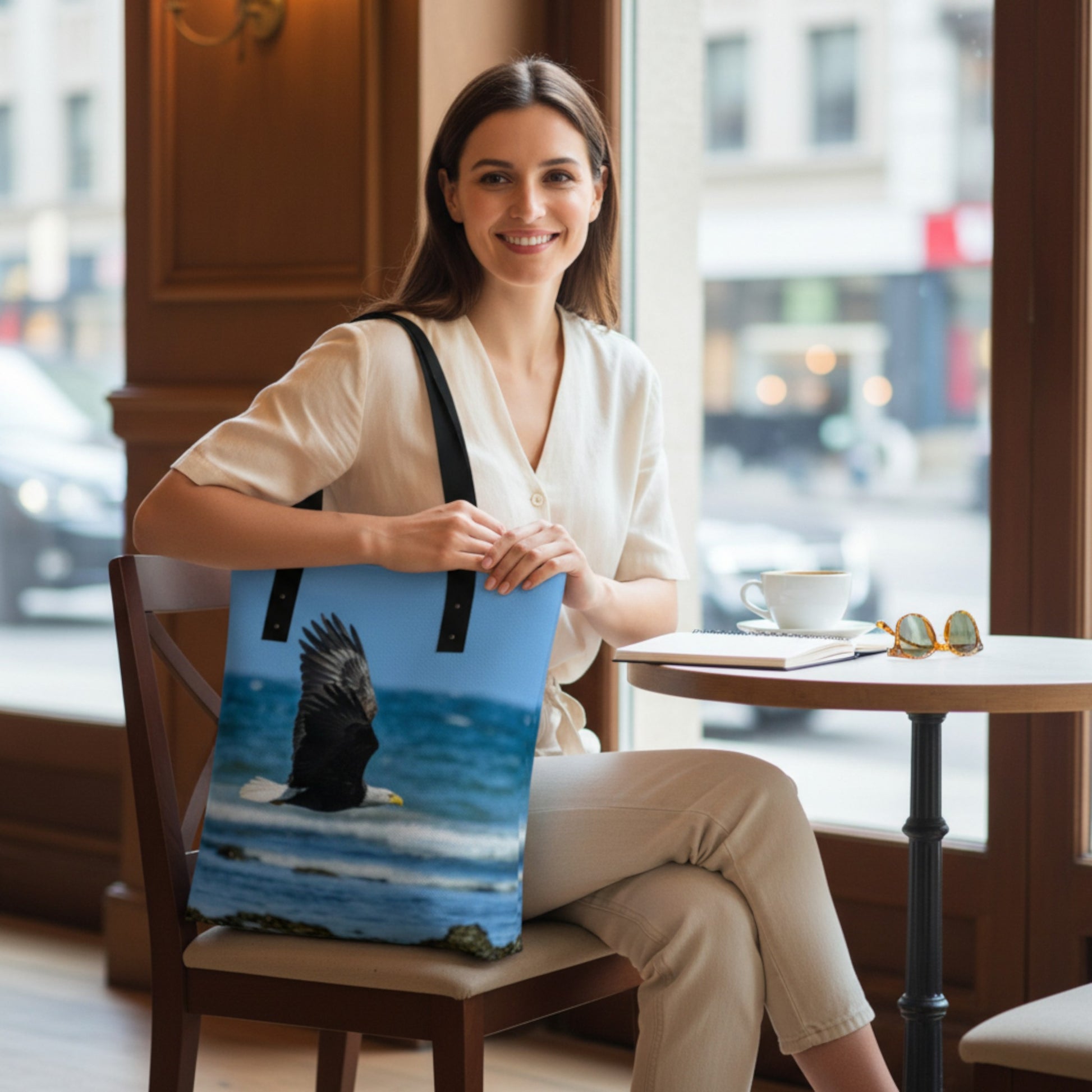 Woman holding a tote bag with an eagle design in a cafe.