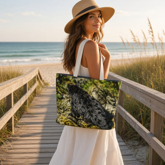 A woman in a white dress and straw hat stands on a wooden boardwalk by the beach, holding a tote bag printed with a black bear with leaves from the trees above casting their shadows on the back of the bear, on a green and yellow rocky background.