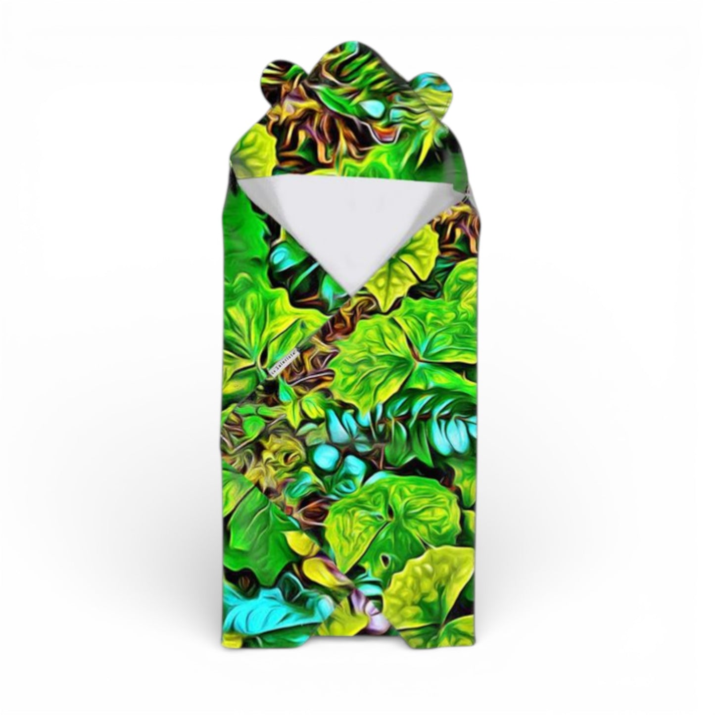 Colorful leaf-patterned product packaging on a white background