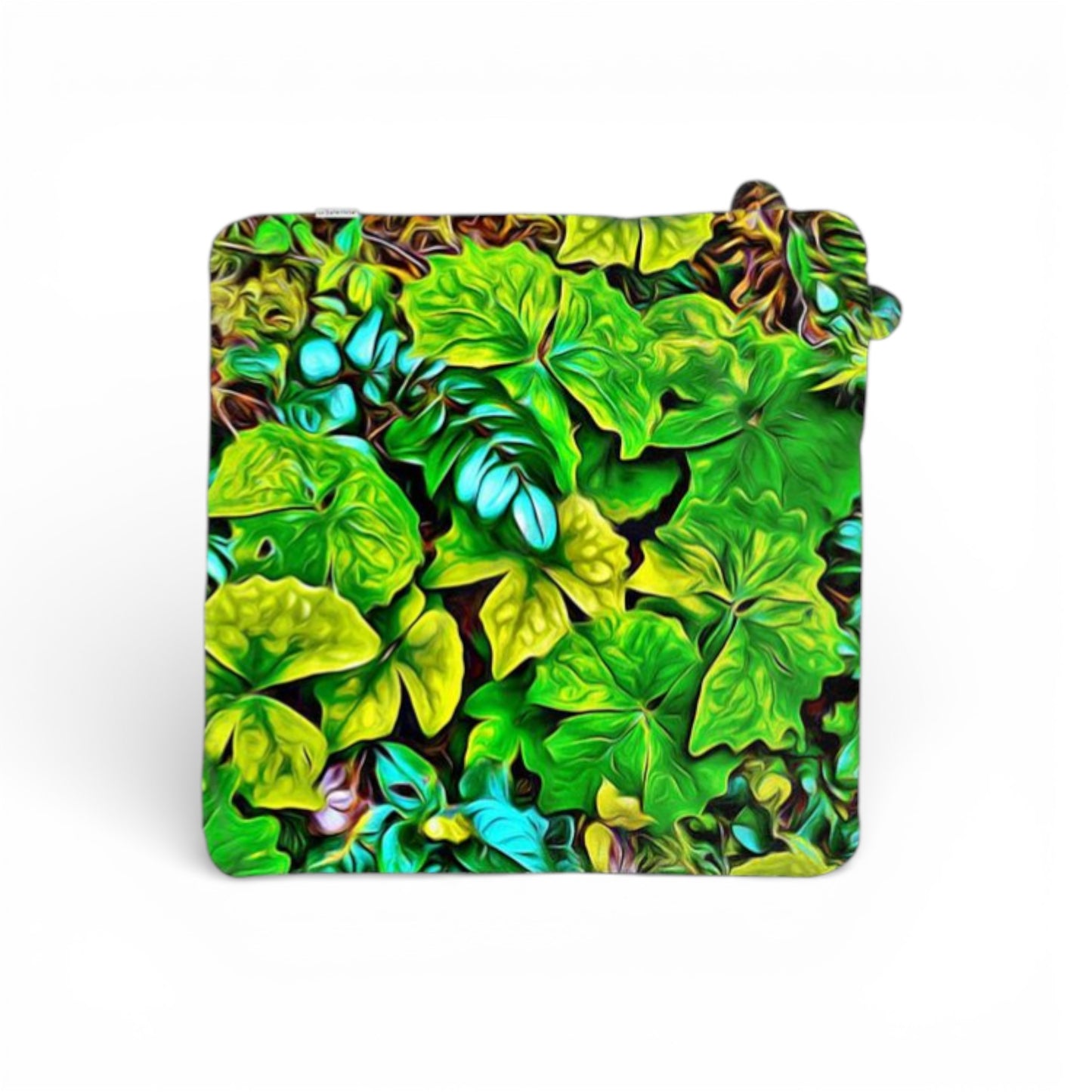 Green leafy patterned pouch on a white background