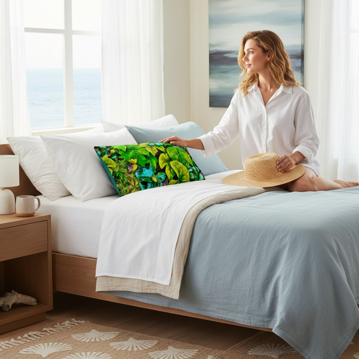 A woman sits on a bed in a bright bedroom, holding a straw hat and touching a green tropical leaf-patterned throw pillow. The bed is made with white linens and a light blue cover, with a wooden nightstand and window in the background.