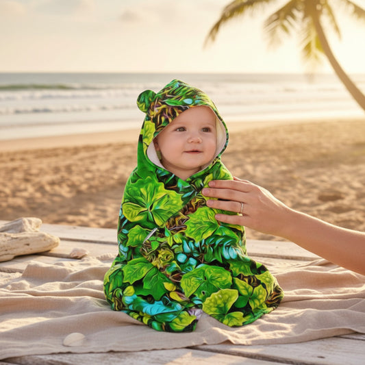 Baby in a green leaf-patterned hooded outfit on a beach with palm trees.
