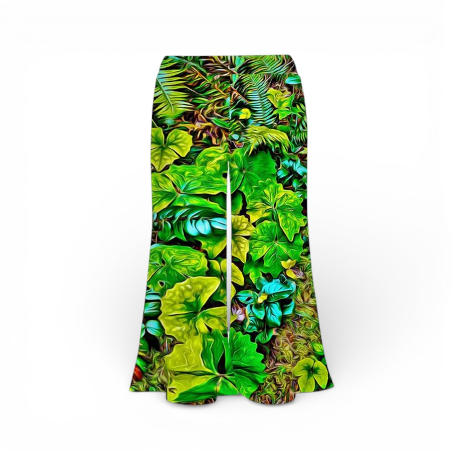 Green leaf-patterned pants on a white background