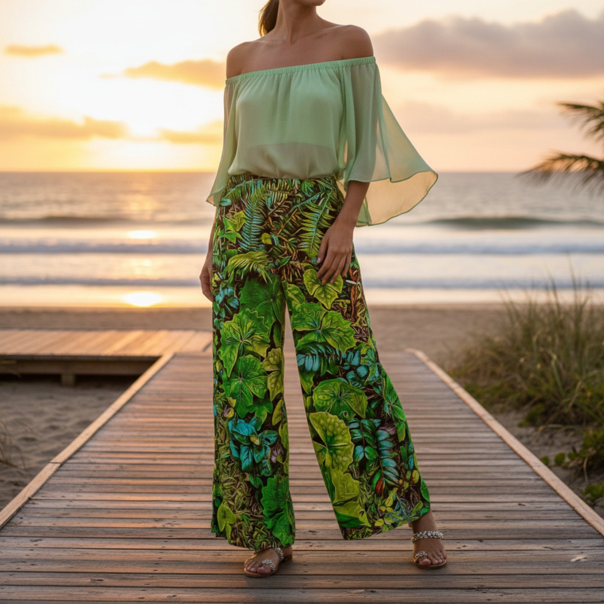 Woman in green off-shoulder top and tropical print pants standing on a wooden boardwalk by the beach at sunset.