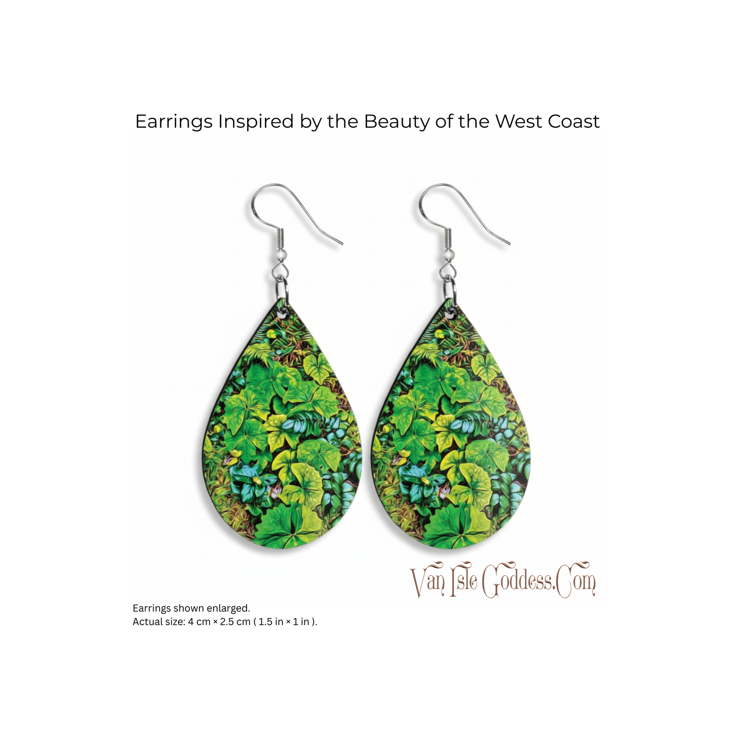 Teardrop-shaped earrings with green and blue pattern on a white background, inspired by the beauty of the West Coast.