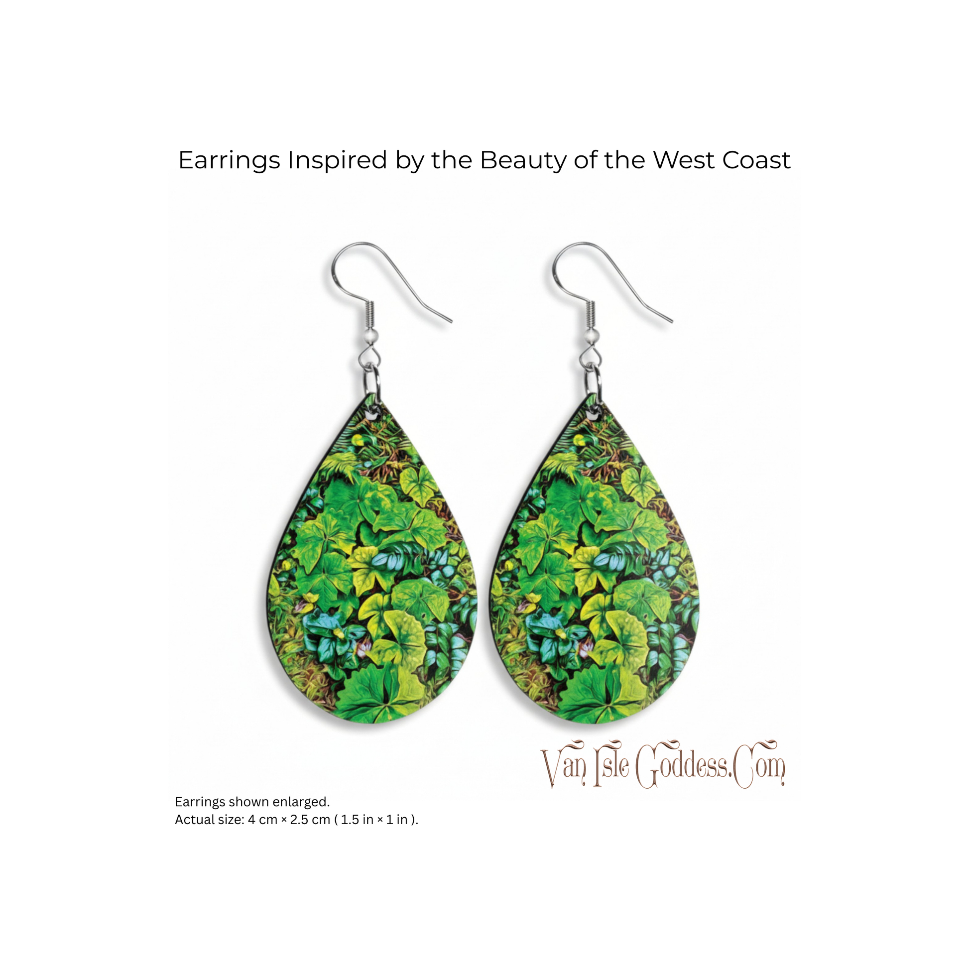 Teardrop-shaped earrings with green and blue pattern on a white background, inspired by the beauty of the West Coast.