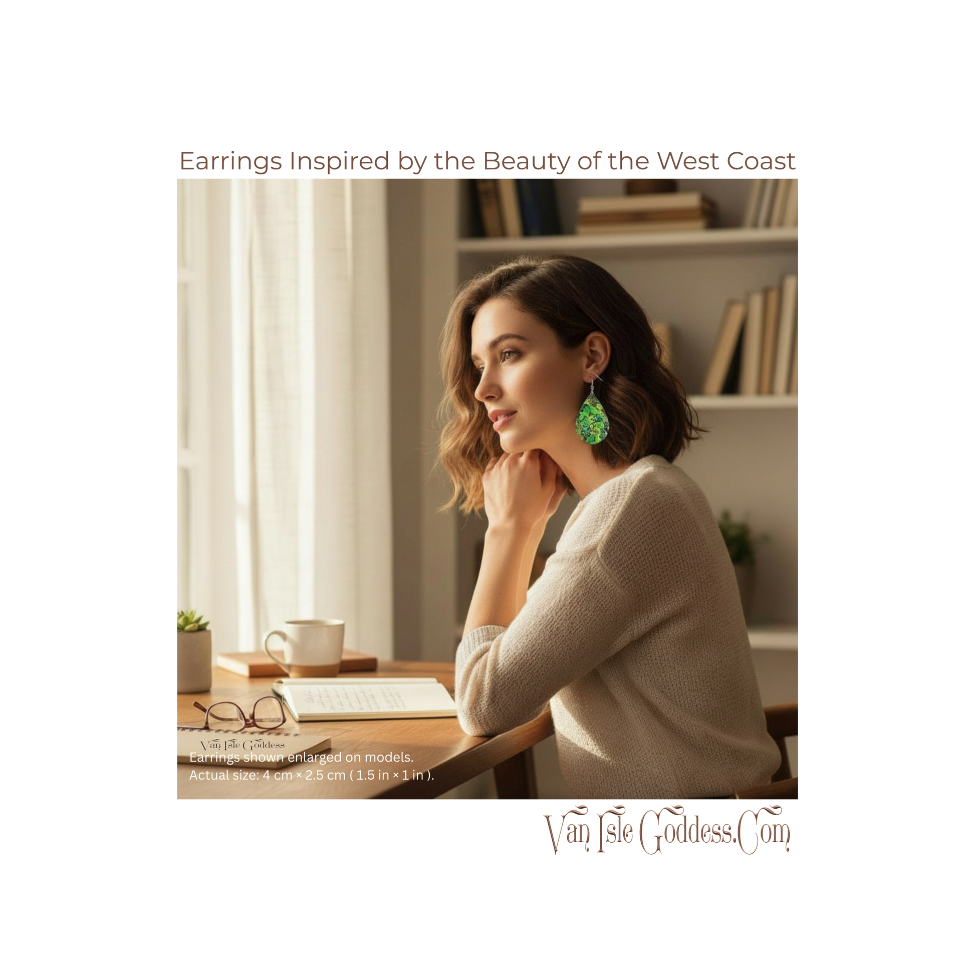Woman wearing green earrings in a cozy room with books and a window.