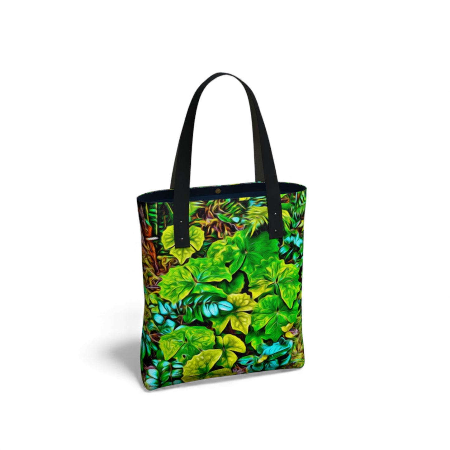 Tote bag with green leaf pattern on a white background