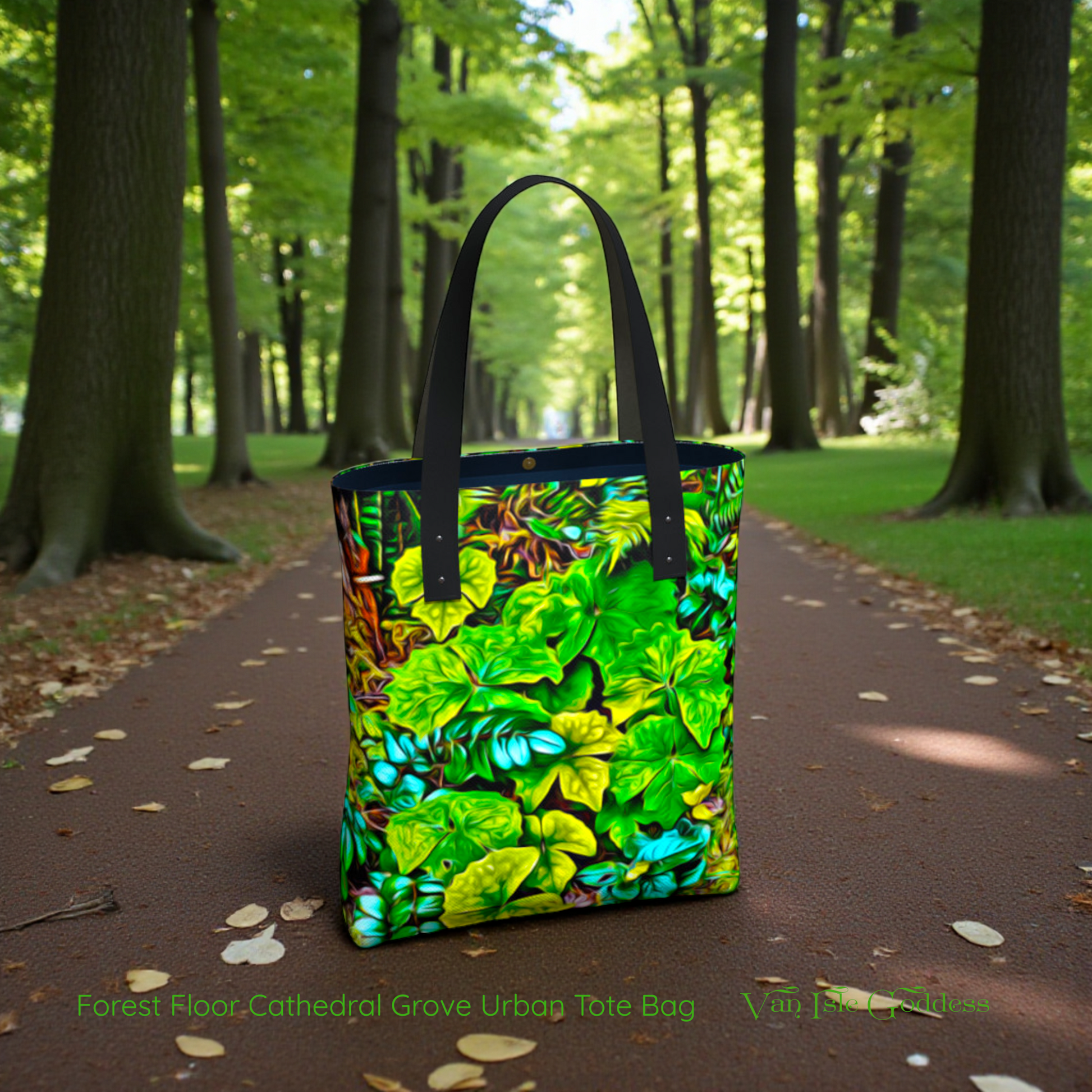 Colorful tote bag with leaf pattern on a path in a forest
