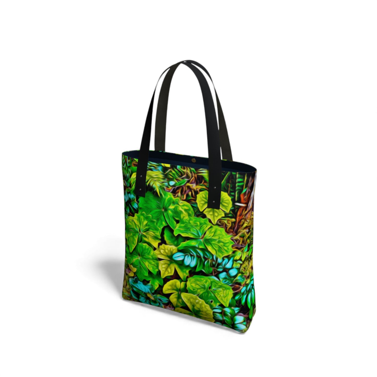 Tote bag with green leaf pattern on a white background