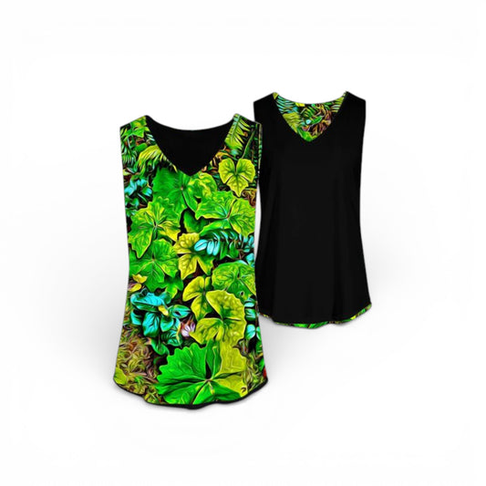 Two tank tops, one with a green leaf pattern and one black, on a white background.