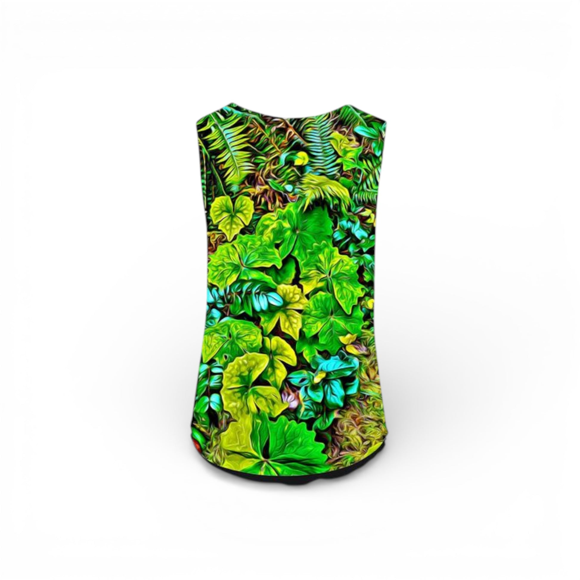 T-shirt with a vibrant tropical leaf pattern on a white background