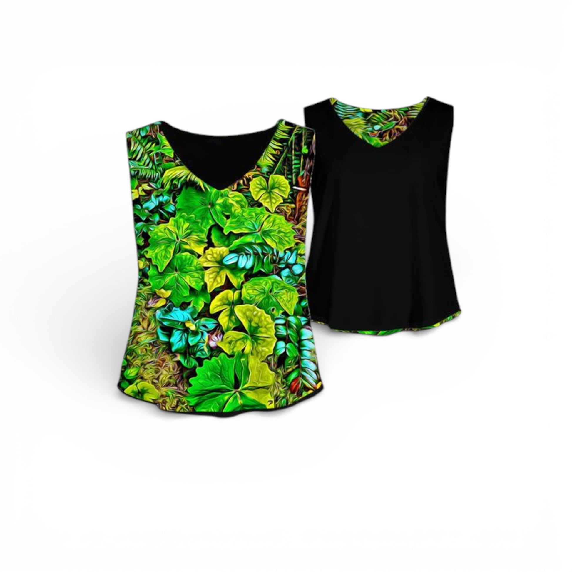 Black tank top with green leafy pattern on a white background