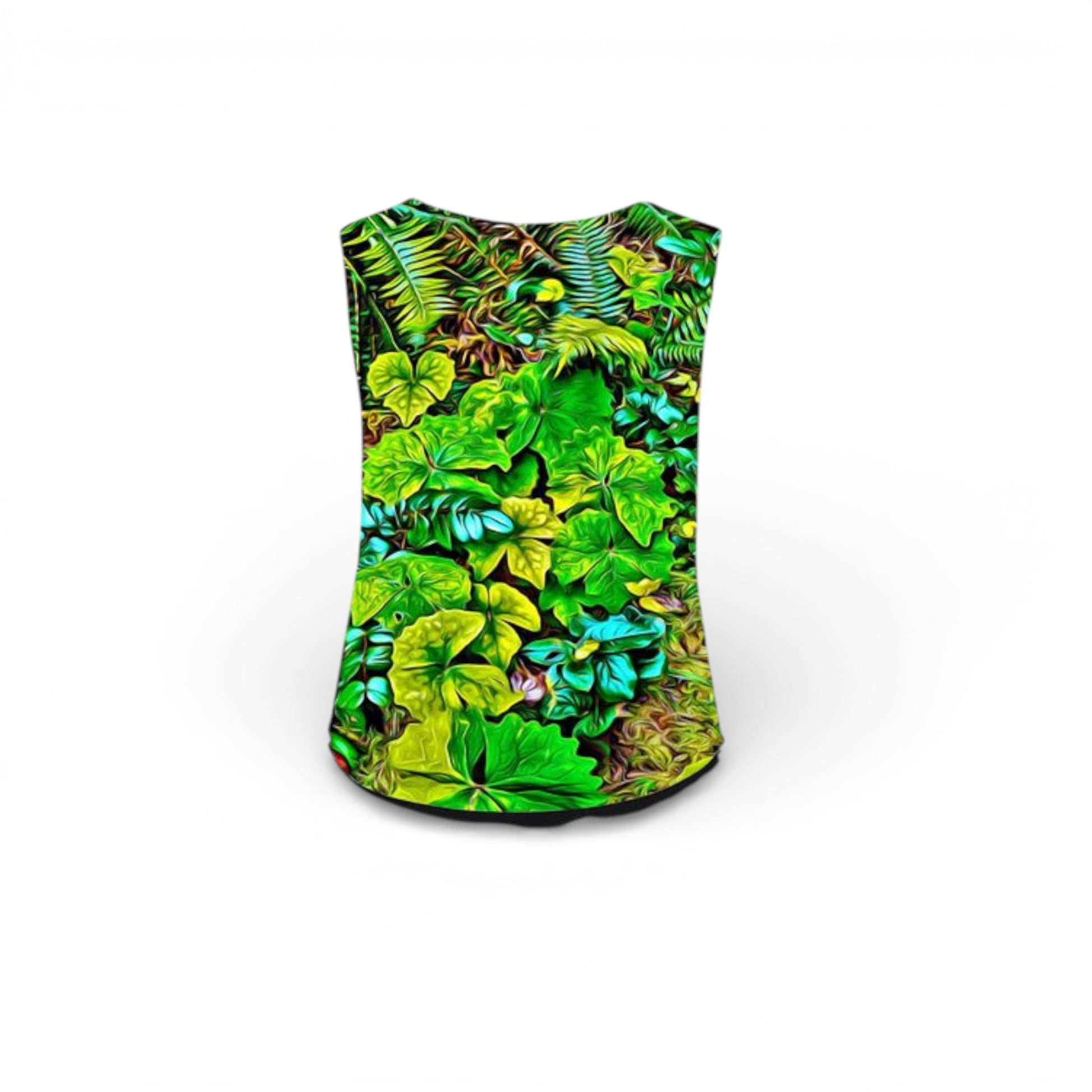 Tank Top backside with a vibrant green leaf pattern on a white background