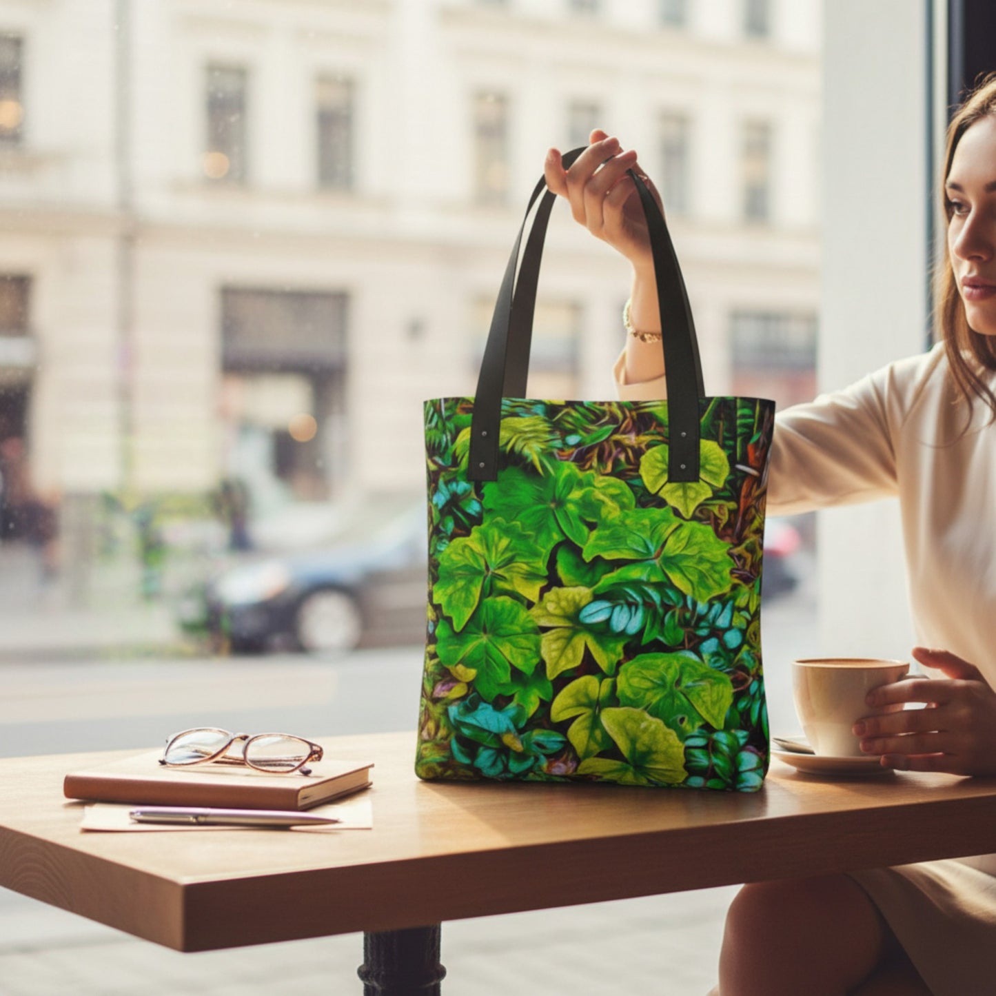 Woman holding a tote bag with a leaf pattern at a table in an urban setting