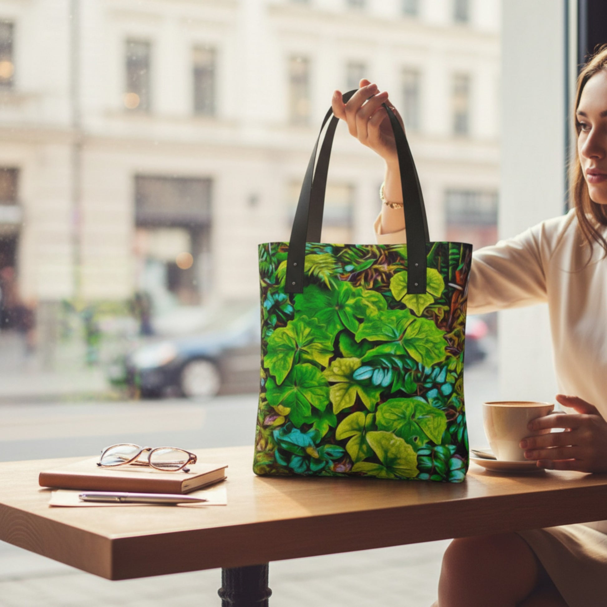 Woman holding a tote bag with a leaf pattern at a table in an urban setting
