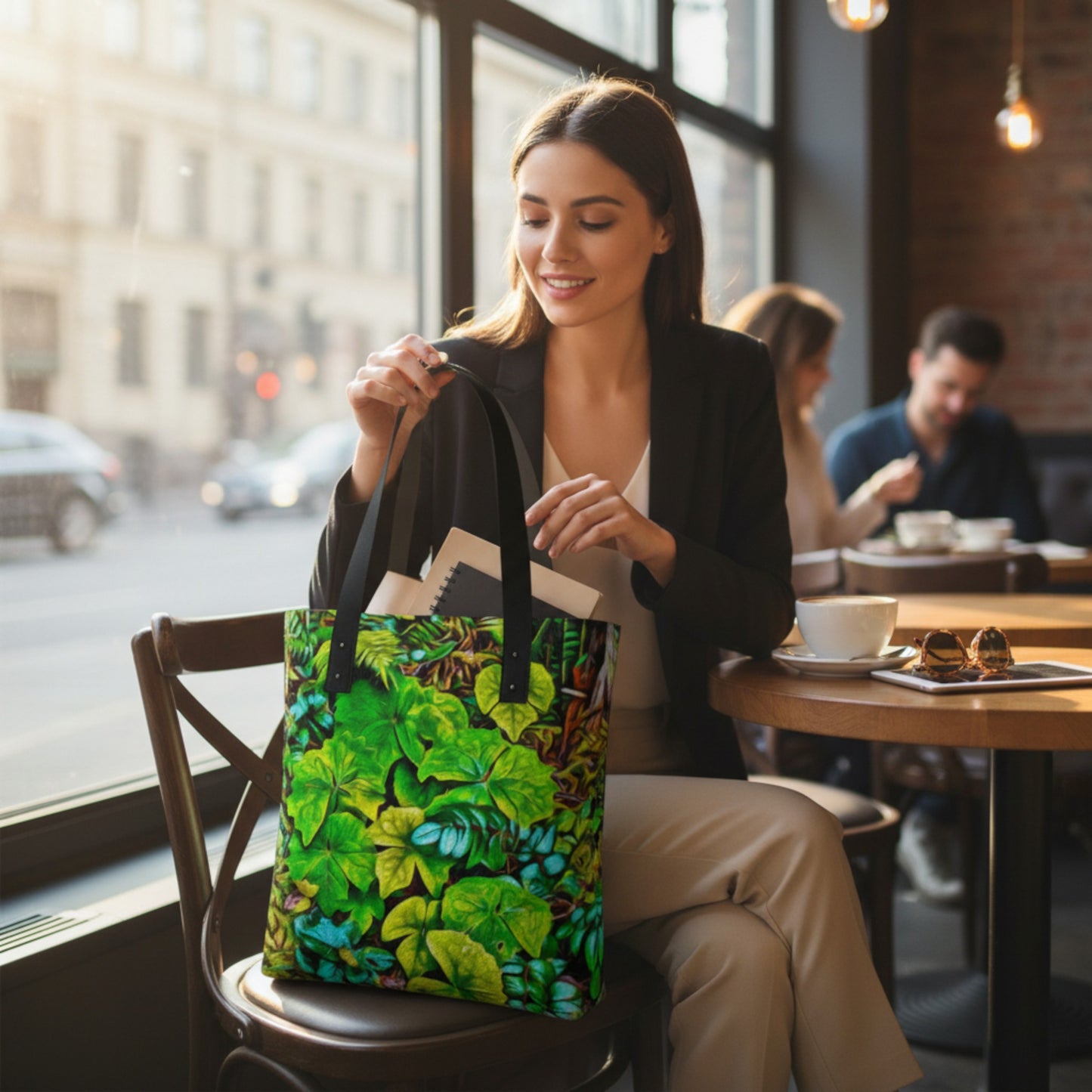 Woman sitting at a cafe table with a colorful tote bag