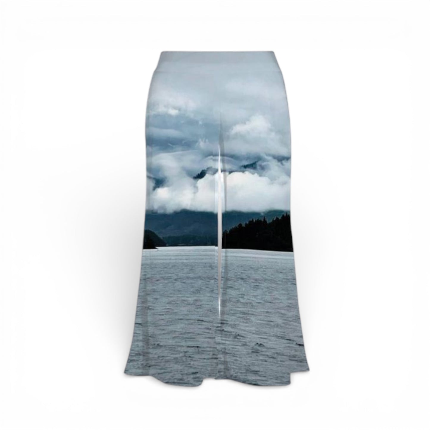 Pants with a scenic design of a lake and mountains on a white background