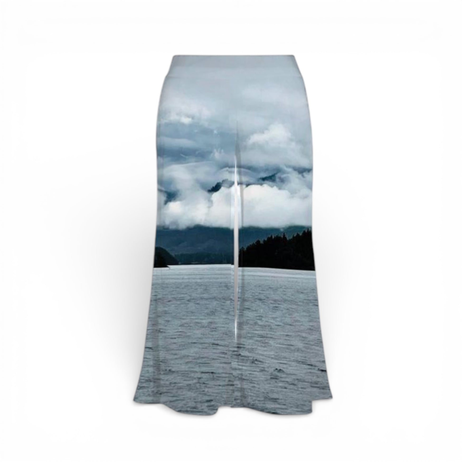 Pants with a scenic design of a lake and mountains on a white background