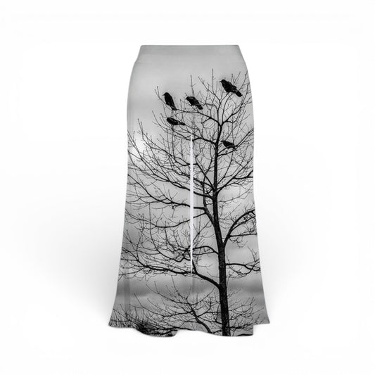 Palazzo Pants with a design of birds on a tree branch on a white background