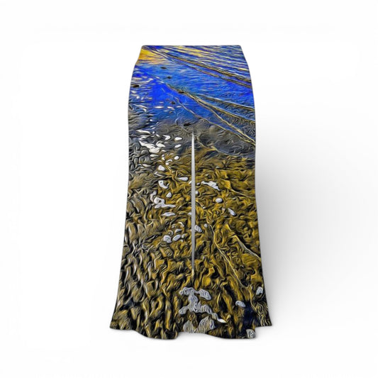 Palazzo pants with a blue and gold abstract pattern on a white background