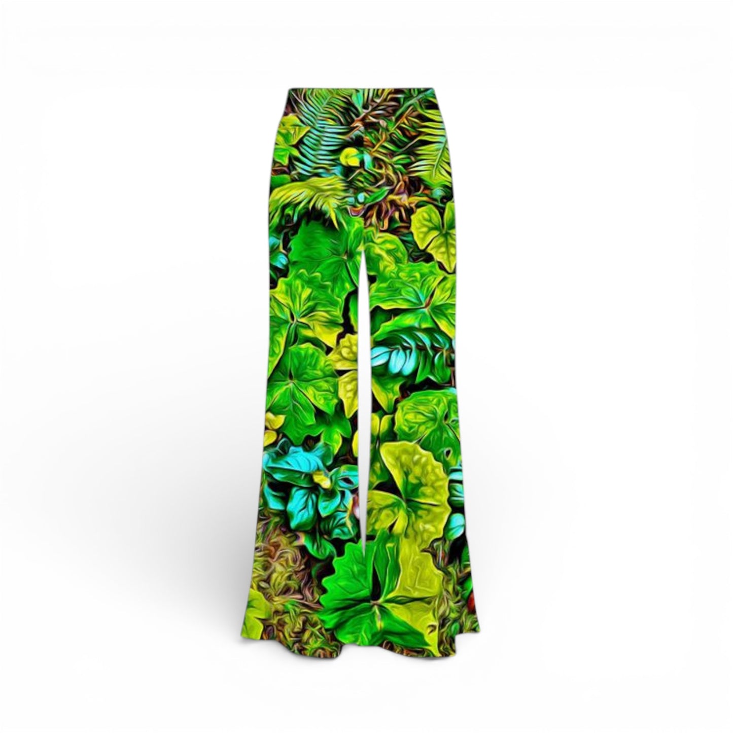 Green leaf-patterned pants on a white background