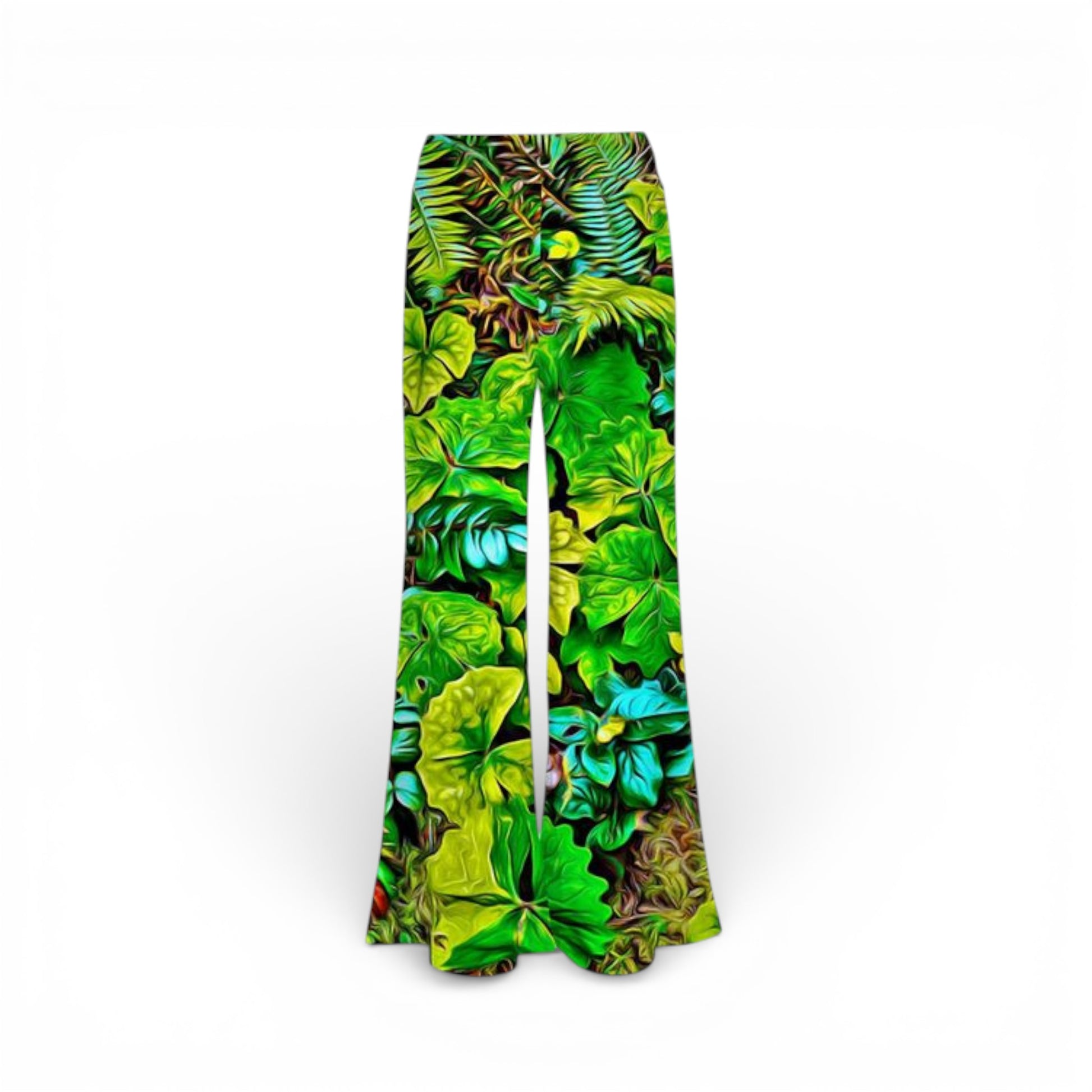 Tropical leaf patterned pants on a white background
