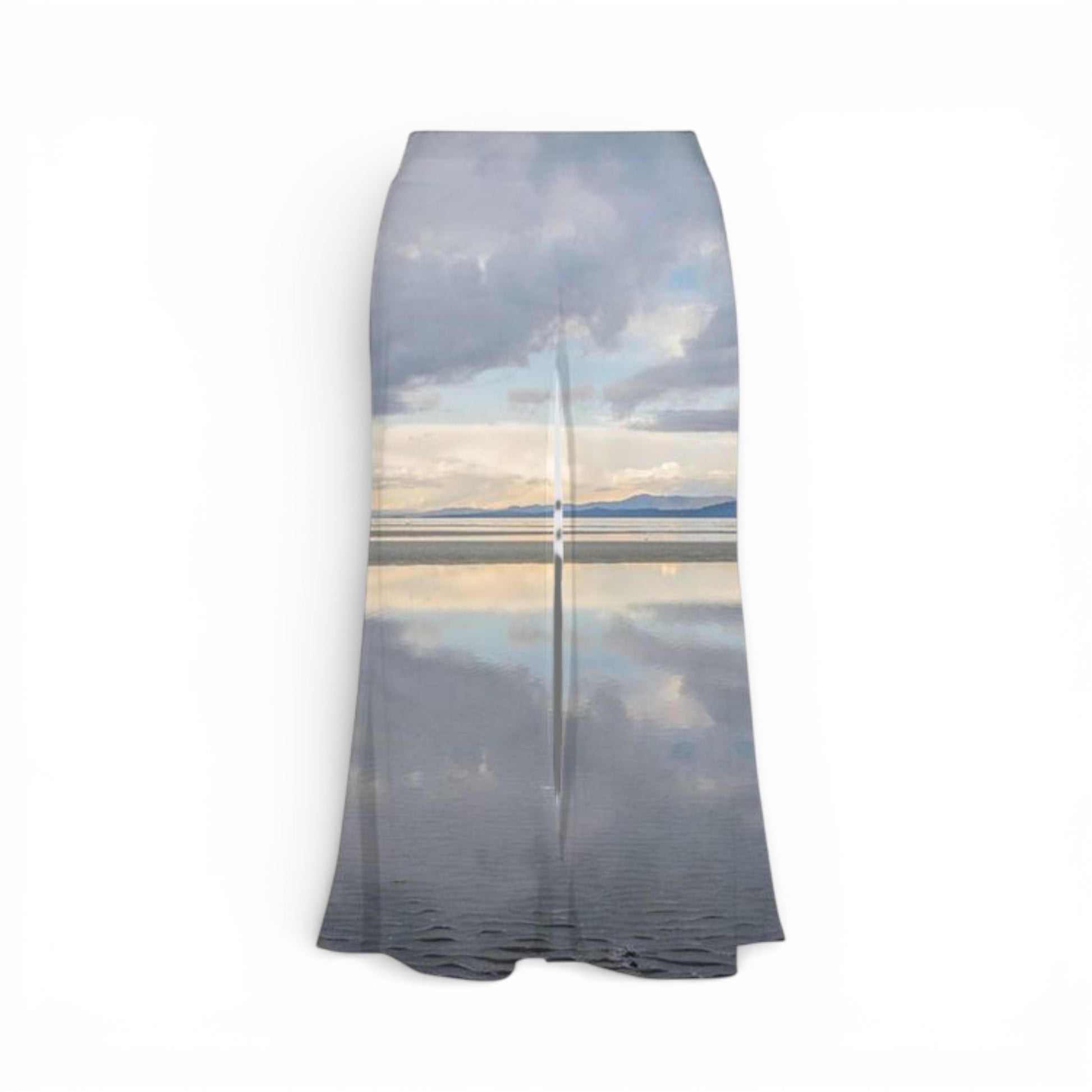 Skirt with a scenic print of a ocean and mountains on a white background