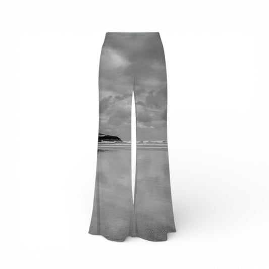 Long pants with a black and white landscape print on a white background