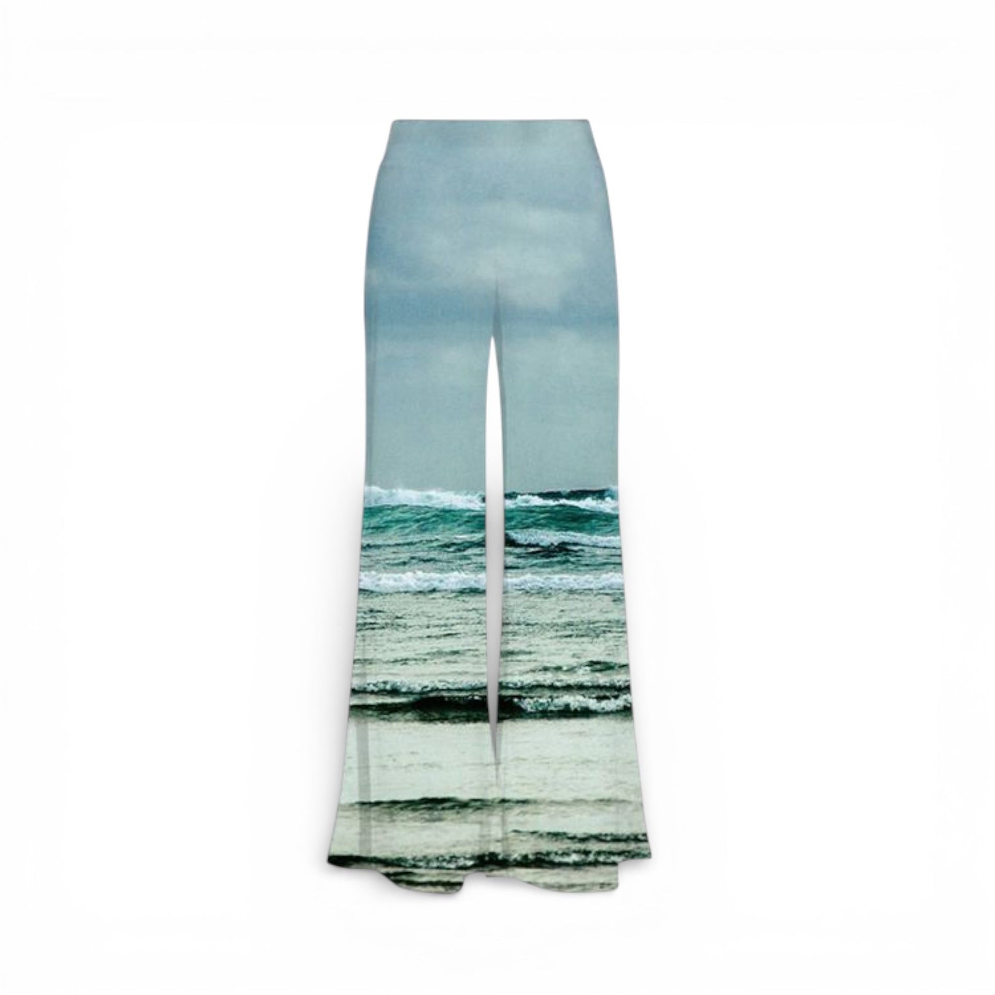 Trousers with a scenic print of ocean waves on a white background