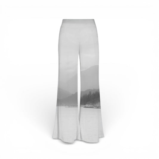 White pants with a black and white pattern on a white background