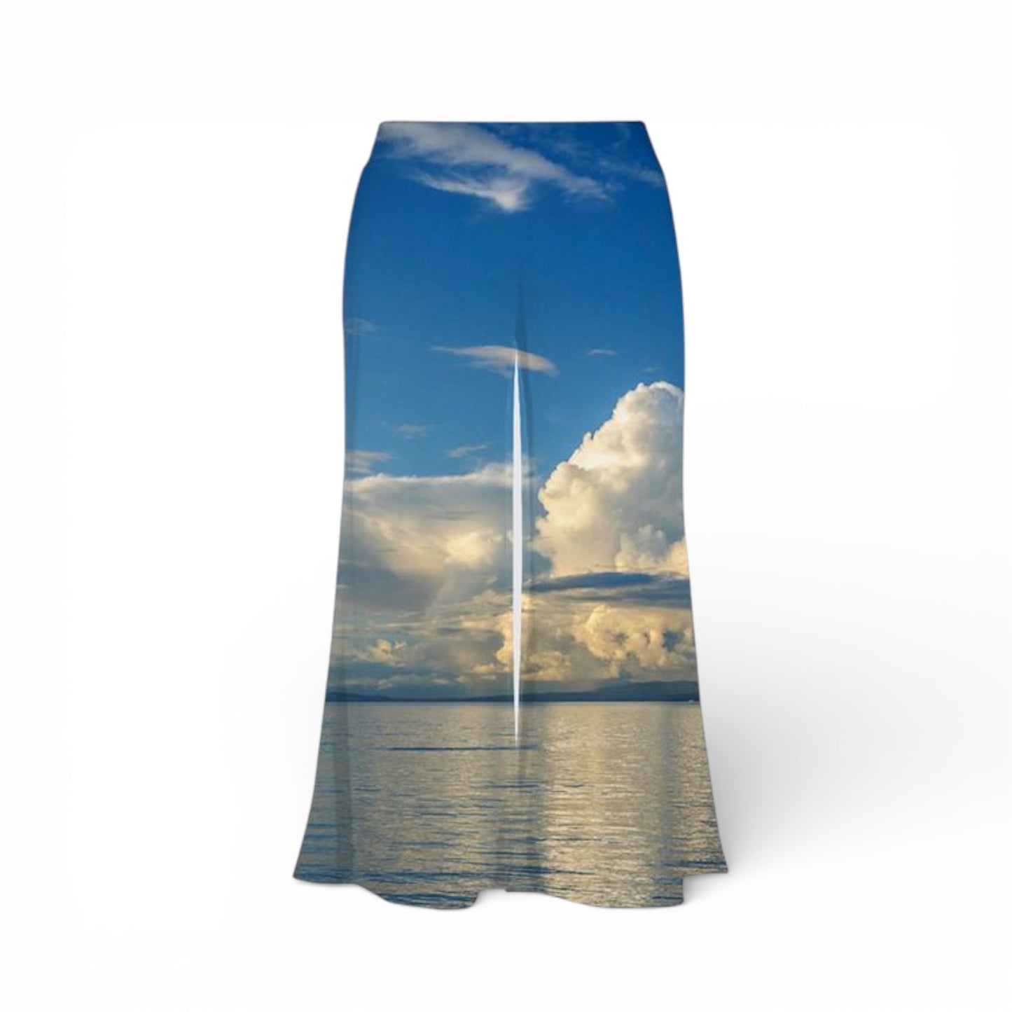 Pants with a scenic design of a blue sky and clouds on a white background