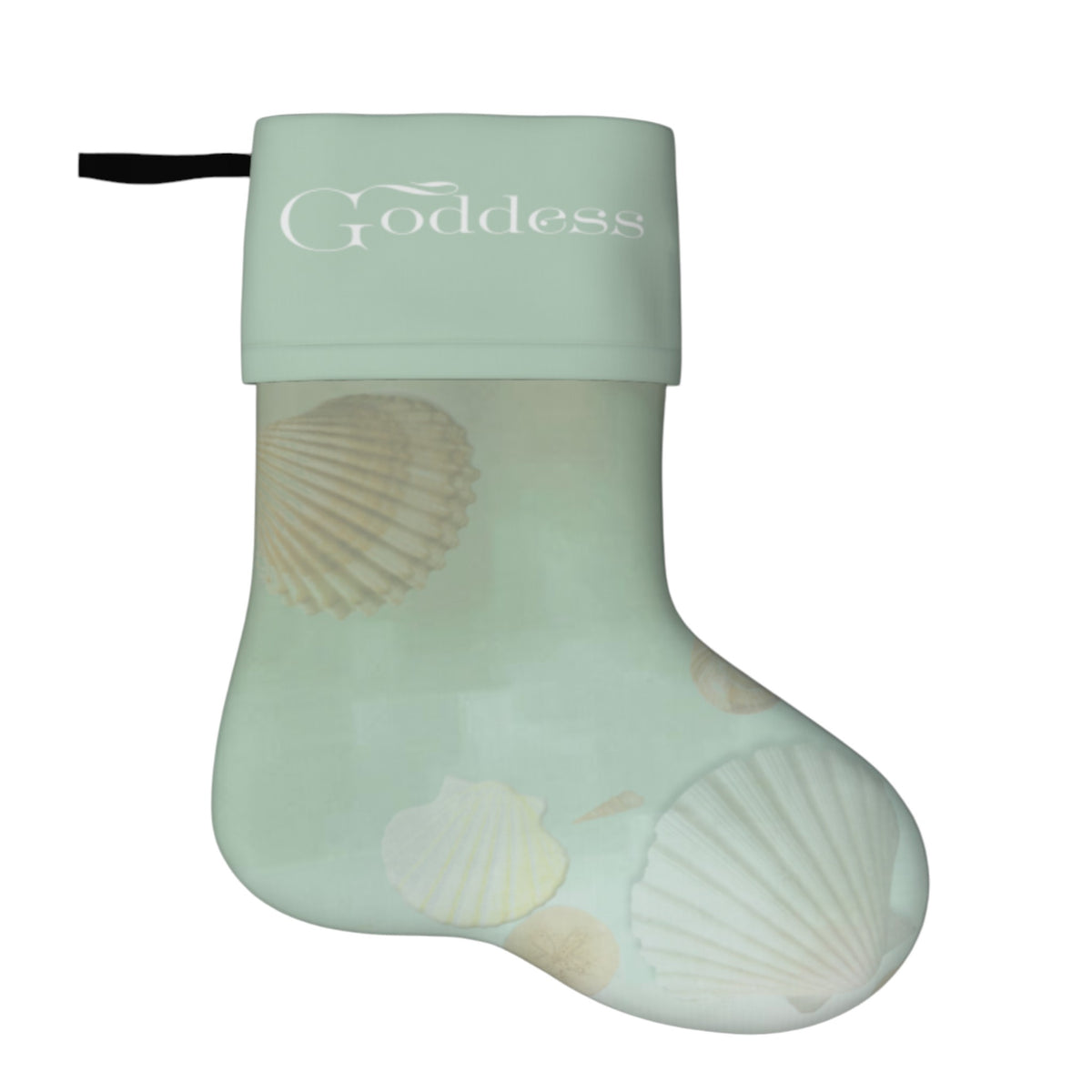 A mint green Christmas stocking with a white cuff printed with the word 'Goddess' in white script, decorated with seashell illustrations, and featuring a black hanging loop.