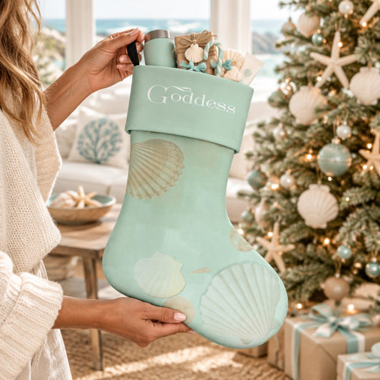 A mint green Christmas stocking with a seashell pattern and the word 'Goddess' printed on the cuff, held by a woman in a cozy living room with a decorated Christmas tree in the background.