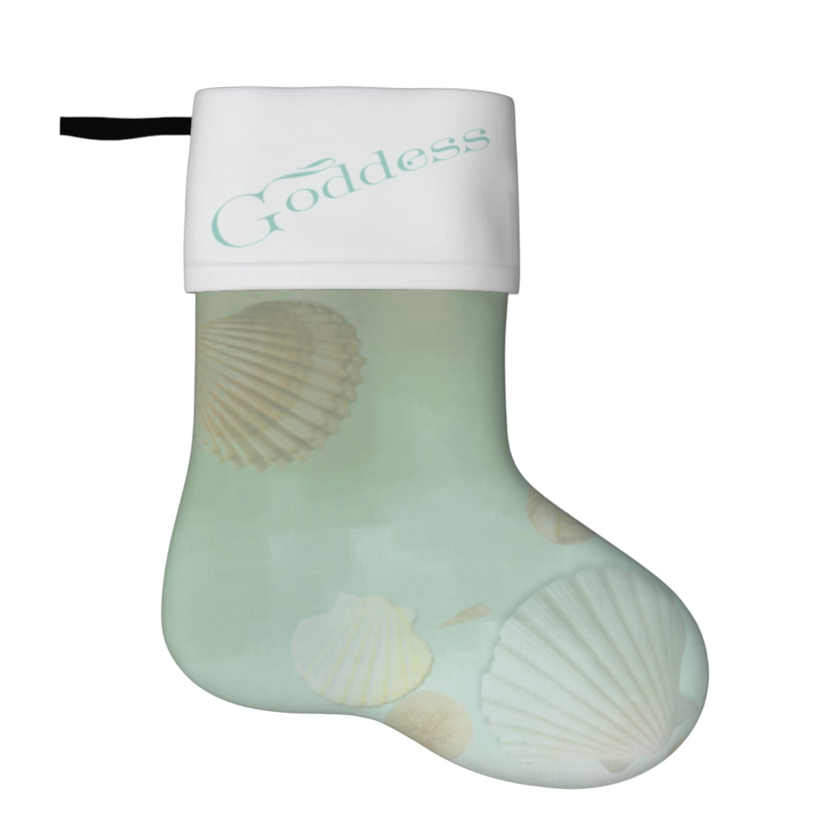 A Christmas stocking with a white cuff printed with the word 'Goddess' in mint green, and a body featuring a pale mint green background with printed seashell designs.