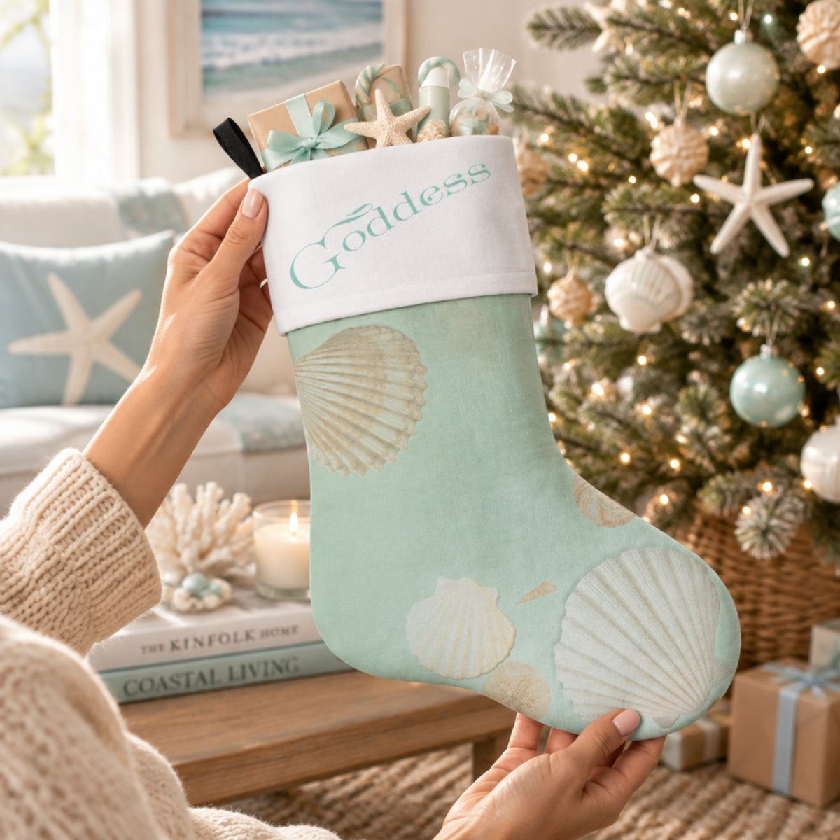 A mint green Christmas stocking with a seashell pattern and a white cuff embroidered with the word 'Goddess', held by a person in a cozy living room next to a decorated Christmas tree.