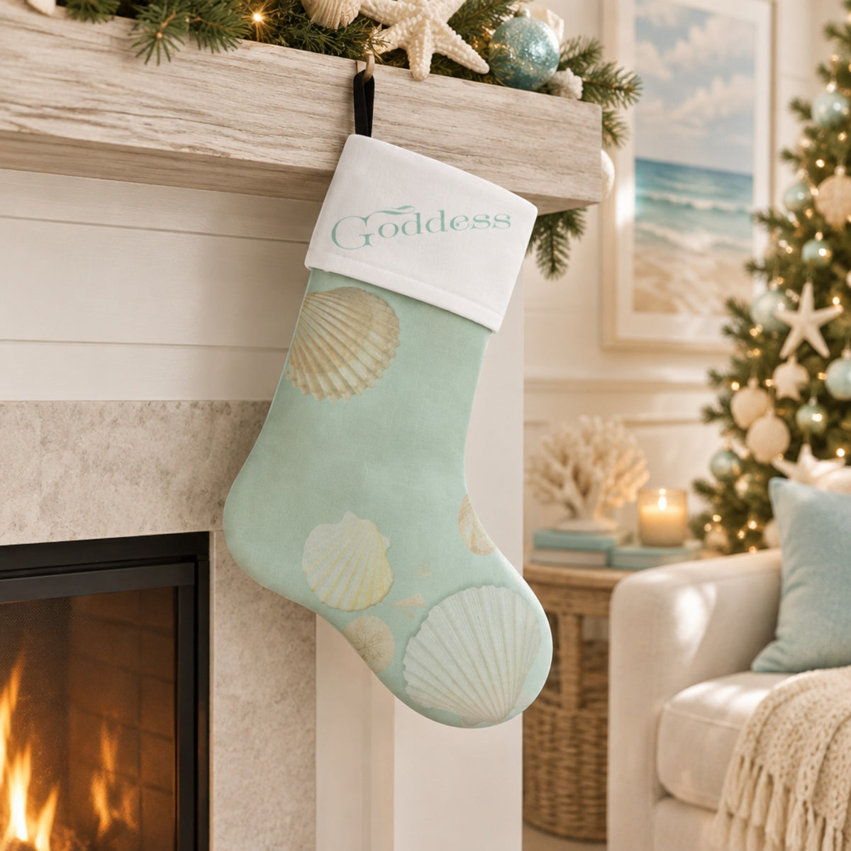 A mint green Christmas stocking with a white cuff and seashell pattern hangs from a fireplace mantel decorated with greenery and starfish. The cuff is embroidered with the word 'Goddess'.