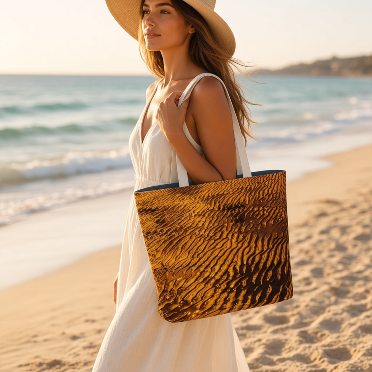 A woman in a white dress and straw hat carries a large tote bag with a textured golden-brown and black abstract pattern on a sandy beach.